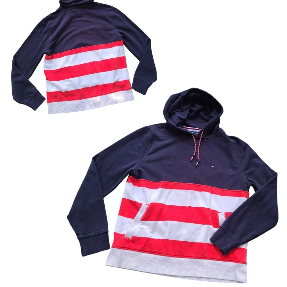Tommy Hilfiger Striped Colorblock Red White and Blue‎ Hoodie size Large - Picture 4 of 9
